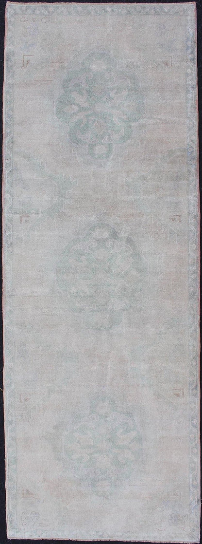 Vintage Hand Knotted Turkish Oushak Runner in Faded Green and Blue in Neutral Background Oushak vintage rug from Turkey with tri - medallion design, Keivan Woven Arts / rug tu - mtu - 4911, country of origin / type: Turkey / Oushak, circa 1940. ... - Keivan Woven ArtsTU - MTU - 4911 - 12152Rug