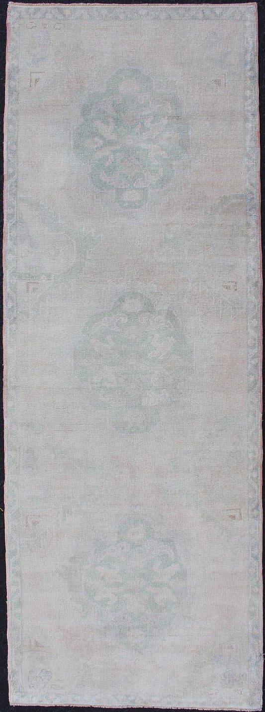 Vintage Hand Knotted Turkish Oushak Runner in Faded Green and Blue in Neutral Background Oushak vintage rug from Turkey with tri - medallion design, Keivan Woven Arts / rug tu - mtu - 4911, country of origin / type: Turkey / Oushak, circa 1940. ... - Keivan Woven ArtsTU - MTU - 4911 - 12152Rug