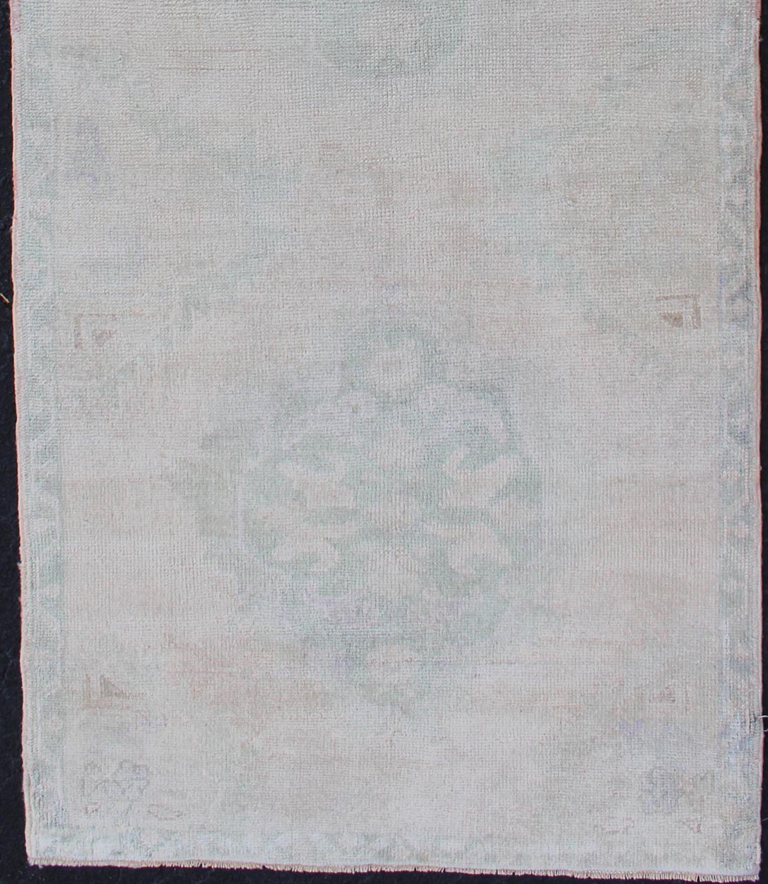 Vintage Hand Knotted Turkish Oushak Runner in Faded Green and Blue in Neutral Background Oushak vintage rug from Turkey with tri - medallion design, Keivan Woven Arts / rug tu - mtu - 4911, country of origin / type: Turkey / Oushak, circa 1940. ... - Keivan Woven ArtsTU - MTU - 4911 - 12152Rug