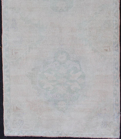 Vintage Hand Knotted Turkish Oushak Runner in Faded Green and Blue in Neutral Background Oushak vintage rug from Turkey with tri - medallion design, Keivan Woven Arts / rug tu - mtu - 4911, country of origin / type: Turkey / Oushak, circa 1940. ... - Keivan Woven ArtsTU - MTU - 4911 - 12152Rug