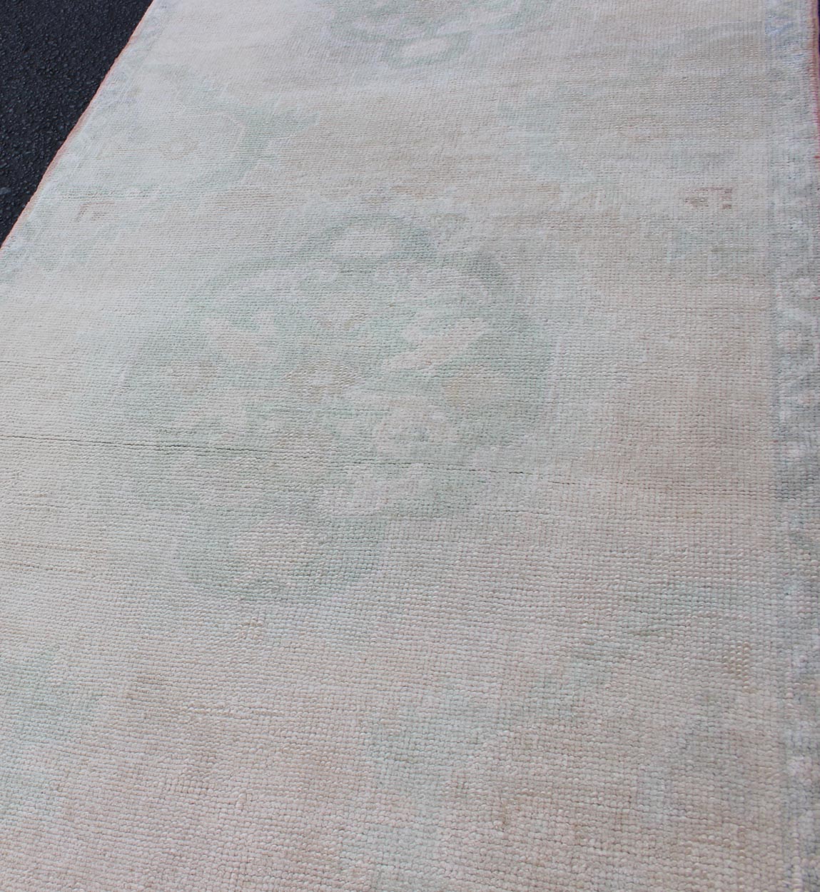 Vintage Hand Knotted Turkish Oushak Runner in Faded Green and Blue in Neutral Background Oushak vintage rug from Turkey with tri - medallion design, Keivan Woven Arts / rug tu - mtu - 4911, country of origin / type: Turkey / Oushak, circa 1940. ... - Keivan Woven ArtsTU - MTU - 4911 - 12152Rug