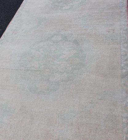 Vintage Hand Knotted Turkish Oushak Runner in Faded Green and Blue in Neutral Background Oushak vintage rug from Turkey with tri - medallion design, Keivan Woven Arts / rug tu - mtu - 4911, country of origin / type: Turkey / Oushak, circa 1940. ... - Keivan Woven ArtsTU - MTU - 4911 - 12152Rug