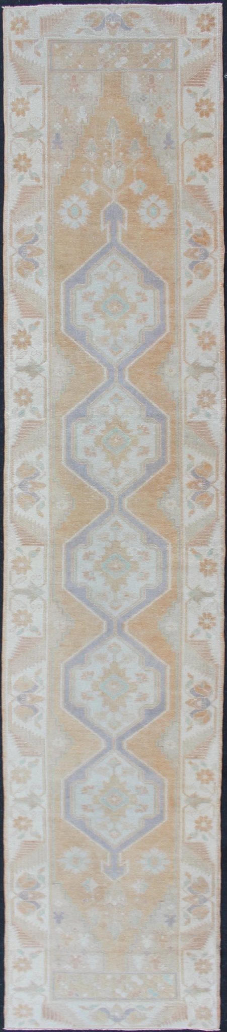 Soft Color Vintage Hand Knotted Turkish Oushak Runner With Medallion Design in Soft Peach Vintage Turkish Oushak Runner, rug TU - MTU - 4912, Keivan Woven Arts country of origin / type: Turkey / Oushak, circa 1940 This vintage Turkish Oushak ... - Keivan Woven ArtsTU - MTU - 4912 - 12156