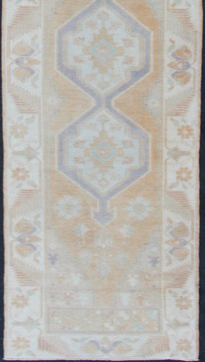 Soft Color Vintage Hand Knotted Turkish Oushak Runner With Medallion Design in Soft Peach Vintage Turkish Oushak Runner, rug TU - MTU - 4912, Keivan Woven Arts country of origin / type: Turkey / Oushak, circa 1940 This vintage Turkish Oushak ... - Keivan Woven ArtsTU - MTU - 4912 - 12156Rug