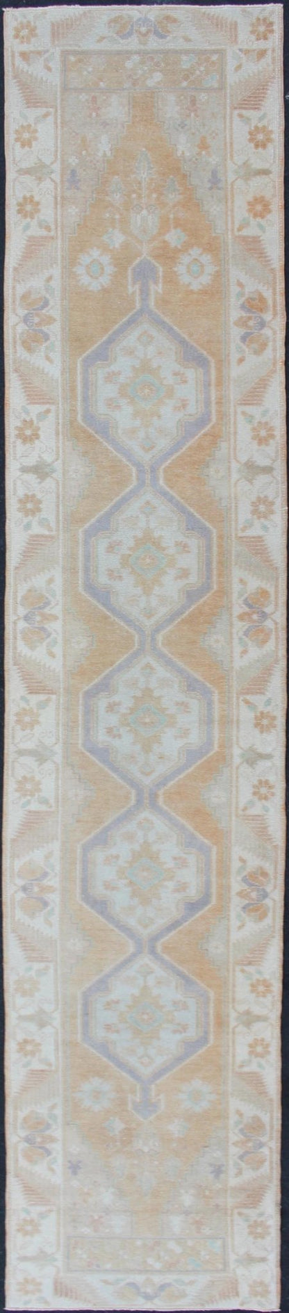 Soft Color Vintage Hand Knotted Turkish Oushak Runner With Medallion Design in Soft Peach Vintage Turkish Oushak Runner, rug TU - MTU - 4912, Keivan Woven Arts country of origin / type: Turkey / Oushak, circa 1940 This vintage Turkish Oushak ... - Keivan Woven ArtsTU - MTU - 4912 - 12156Rug