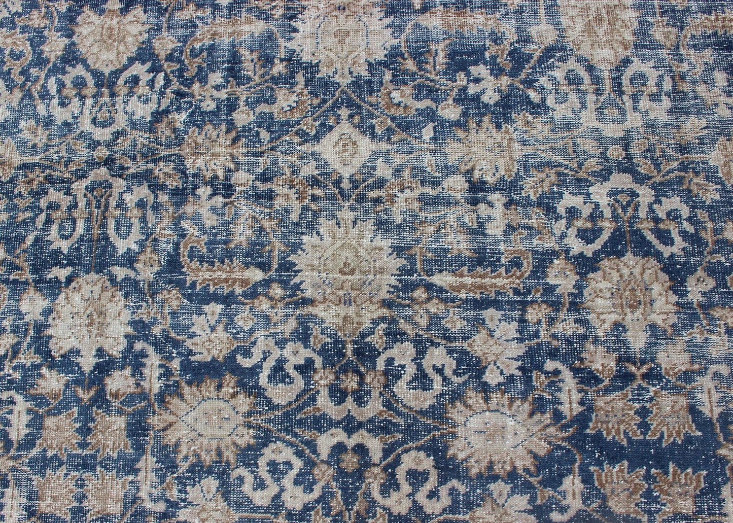 Royal Blue, Taupe Vintage Turkish Distressed Rug with All - Over Geometric Design. Vintage Turkish carpet with all over Geometric design in cream, taupe, and blue colors. Keivan Woven Arts / rug/TU - MTU - 4919 country of origin / type: Turkey / Oush... - Keivan Woven ArtsTU - MTU - 4919 - 12162Rug