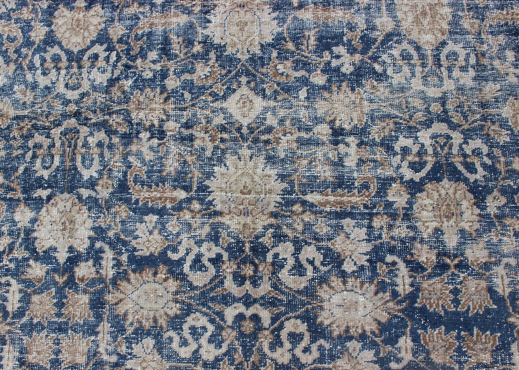 Royal Blue, Taupe Vintage Turkish Distressed Rug with All - Over Geometric Design. Vintage Turkish carpet with all over Geometric design in cream, taupe, and blue colors. Keivan Woven Arts / rug/TU - MTU - 4919 country of origin / type: Turkey / Oush... - Keivan Woven ArtsTU - MTU - 4919 - 12162Rug