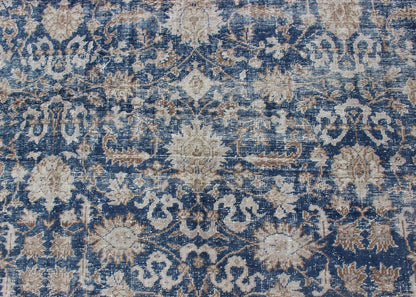 Royal Blue, Taupe Vintage Turkish Distressed Rug with All - Over Geometric Design. Vintage Turkish carpet with all over Geometric design in cream, taupe, and blue colors. Keivan Woven Arts / rug/TU - MTU - 4919 country of origin / type: Turkey / Oush... - Keivan Woven ArtsTU - MTU - 4919 - 12162Rug