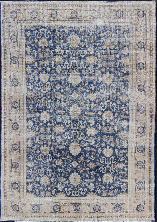 Royal Blue, Taupe Vintage Turkish Distressed Rug with All - Over Geometric Design. Vintage Turkish carpet with all over Geometric design in cream, taupe, and blue colors. Keivan Woven Arts / rug/TU - MTU - 4919 country of origin / type: Turkey / Oush... - Keivan Woven ArtsTU - MTU - 4919 - 12162
