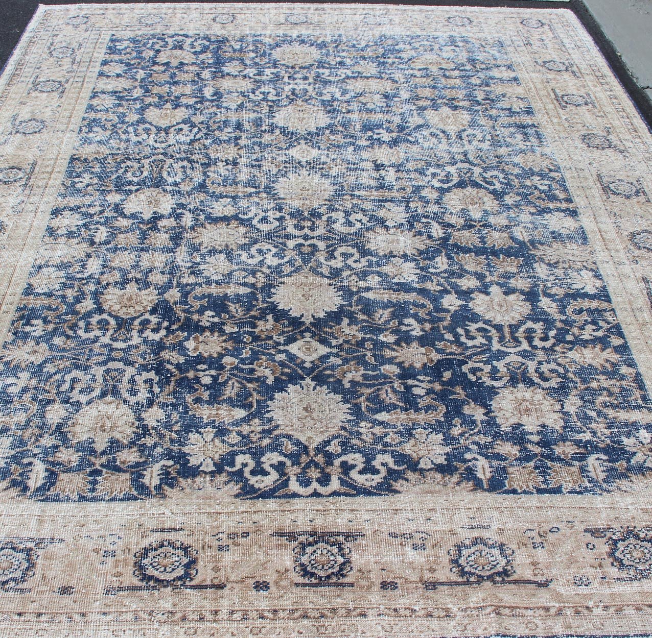 Royal Blue, Taupe Vintage Turkish Distressed Rug with All - Over Geometric Design. Vintage Turkish carpet with all over Geometric design in cream, taupe, and blue colors. Keivan Woven Arts / rug/TU - MTU - 4919 country of origin / type: Turkey / Oush... - Keivan Woven ArtsTU - MTU - 4919 - 12162Rug