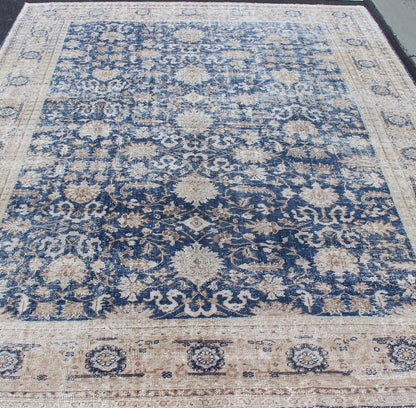 Royal Blue, Taupe Vintage Turkish Distressed Rug with All - Over Geometric Design. Vintage Turkish carpet with all over Geometric design in cream, taupe, and blue colors. Keivan Woven Arts / rug/TU - MTU - 4919 country of origin / type: Turkey / Oush... - Keivan Woven ArtsTU - MTU - 4919 - 12162Rug