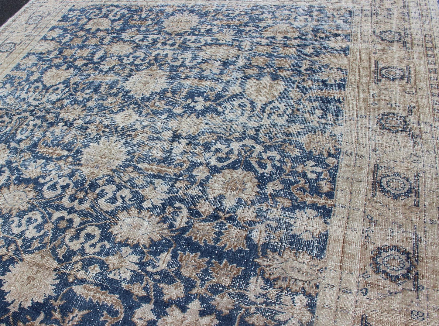 Royal Blue, Taupe Vintage Turkish Distressed Rug with All - Over Geometric Design. Vintage Turkish carpet with all over Geometric design in cream, taupe, and blue colors. Keivan Woven Arts / rug/TU - MTU - 4919 country of origin / type: Turkey / Oush... - Keivan Woven ArtsTU - MTU - 4919 - 12162Rug