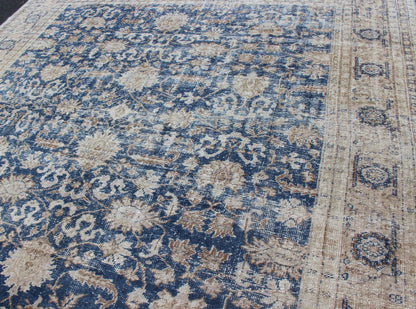 Royal Blue, Taupe Vintage Turkish Distressed Rug with All - Over Geometric Design. Vintage Turkish carpet with all over Geometric design in cream, taupe, and blue colors. Keivan Woven Arts / rug/TU - MTU - 4919 country of origin / type: Turkey / Oush... - Keivan Woven ArtsTU - MTU - 4919 - 12162Rug