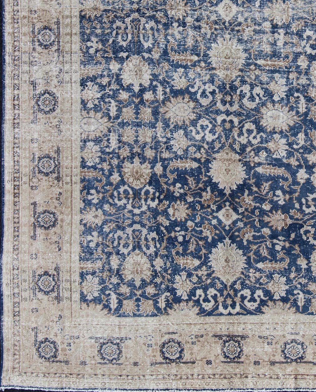 Royal Blue, Taupe Vintage Turkish Distressed Rug with All - Over Geometric Design. Vintage Turkish carpet with all over Geometric design in cream, taupe, and blue colors. Keivan Woven Arts / rug/TU - MTU - 4919 country of origin / type: Turkey / Oush... - Keivan Woven ArtsTU - MTU - 4919 - 12162Rug