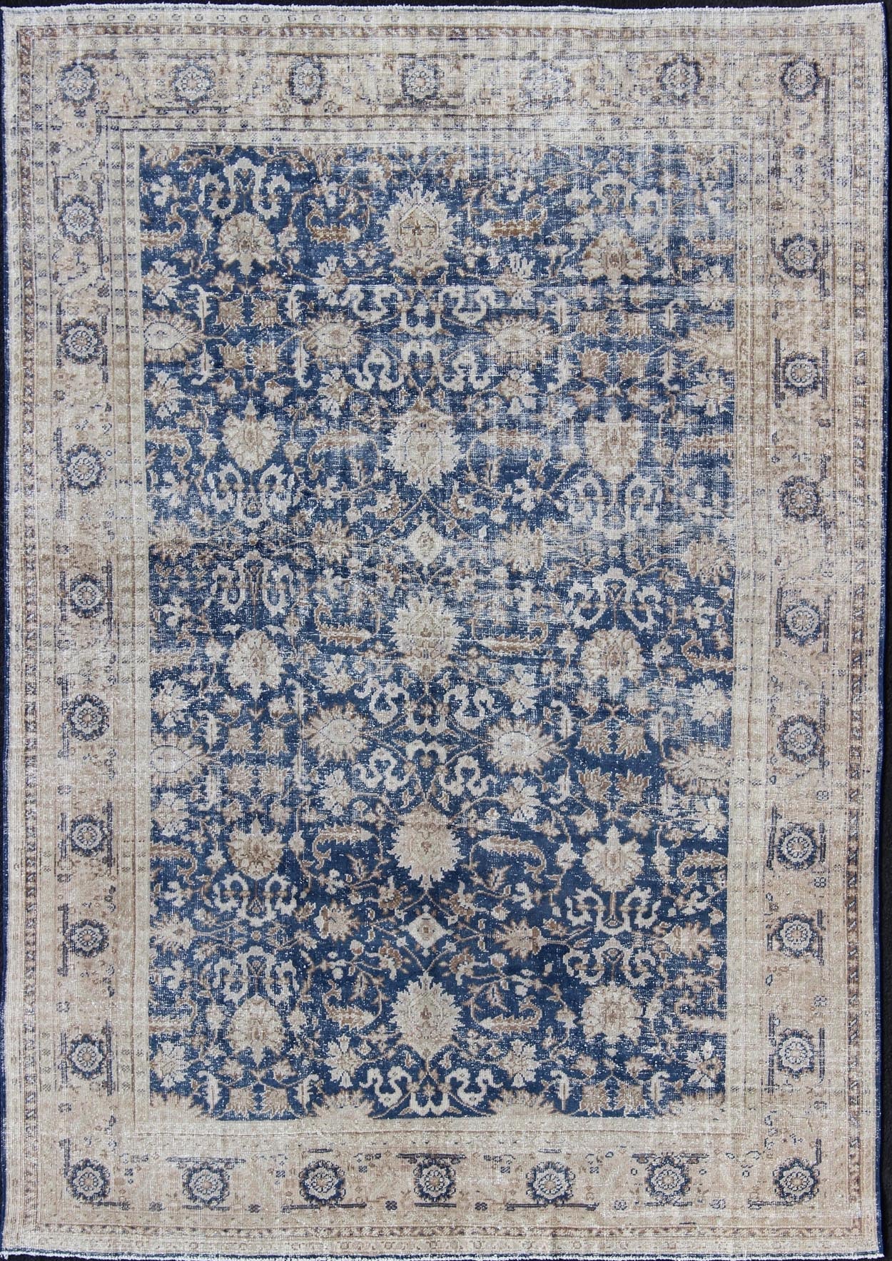Royal Blue, Taupe Vintage Turkish Distressed Rug with All - Over Geometric Design. Vintage Turkish carpet with all over Geometric design in cream, taupe, and blue colors. Keivan Woven Arts / rug/TU - MTU - 4919 country of origin / type: Turkey / Oush... - Keivan Woven ArtsTU - MTU - 4919 - 12162Rug