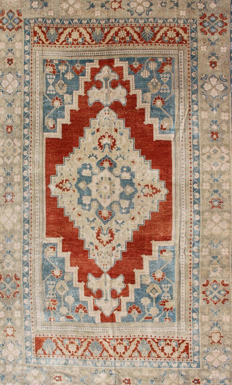 Medallion Vintage Turkish Oushak Turkish in Mid - Century Modern Red, Cream and Light Blue Gorgeous vintage Turkish Oushak in beautiful red, blue, light green and cream rug/TU - MTU - 4920, country of origin / type: Turkey / Oushak, circa 1940. Th... - Keivan Woven ArtsTU - MTU - 4920 - 11763Rug