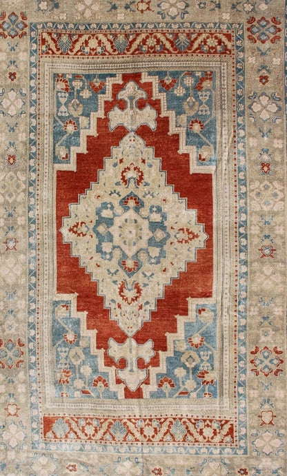 Medallion Vintage Turkish Oushak Turkish in Mid - Century Modern Red, Cream and Light Blue Gorgeous vintage Turkish Oushak in beautiful red, blue, light green and cream rug/TU - MTU - 4920, country of origin / type: Turkey / Oushak, circa 1940. Th... - Keivan Woven ArtsTU - MTU - 4920 - 11763Rug