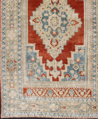 Medallion Vintage Turkish Oushak Turkish in Mid - Century Modern Red, Cream and Light Blue Gorgeous vintage Turkish Oushak in beautiful red, blue, light green and cream rug/TU - MTU - 4920, country of origin / type: Turkey / Oushak, circa 1940. Th... - Keivan Woven ArtsTU - MTU - 4920 - 11763Rug