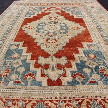 Medallion Vintage Turkish Oushak Turkish in Mid - Century Modern Red, Cream and Light Blue Gorgeous vintage Turkish Oushak in beautiful red, blue, light green and cream rug/TU - MTU - 4920, country of origin / type: Turkey / Oushak, circa 1940. Th... - Keivan Woven ArtsTU - MTU - 4920 - 11763Rug
