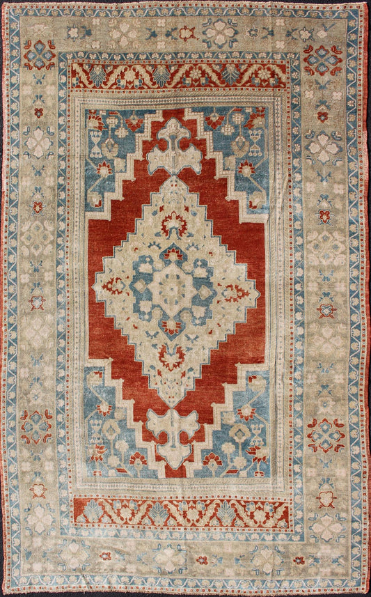 Medallion Vintage Turkish Oushak Turkish in Mid - Century Modern Red, Cream and Light Blue Gorgeous vintage Turkish Oushak in beautiful red, blue, light green and cream rug/TU - MTU - 4920, country of origin / type: Turkey / Oushak, circa 1940. Th... - Keivan Woven ArtsTU - MTU - 4920 - 11763Rug