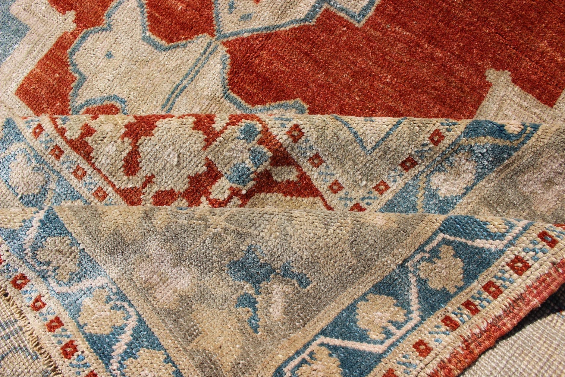 Medallion Vintage Turkish Oushak Turkish in Mid - Century Modern Red, Cream and Light Blue Gorgeous vintage Turkish Oushak in beautiful red, blue, light green and cream rug/TU - MTU - 4920, country of origin / type: Turkey / Oushak, circa 1940. Th... - Keivan Woven ArtsTU - MTU - 4920 - 11763Rug