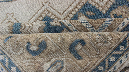 Vintage Turkish Oushak Rug with Geometric Design in Blue, Taupe and Sand Taupe, cream and blue Oushak rug vintage from Turkey with medallion design of etched motifs, Keivan Woven Arts / rug tu - mtu - 4930, country of origin / type: Turkey / Oushak,... - Keivan Woven ArtsTU - MTU - 4930 - 12172Rug