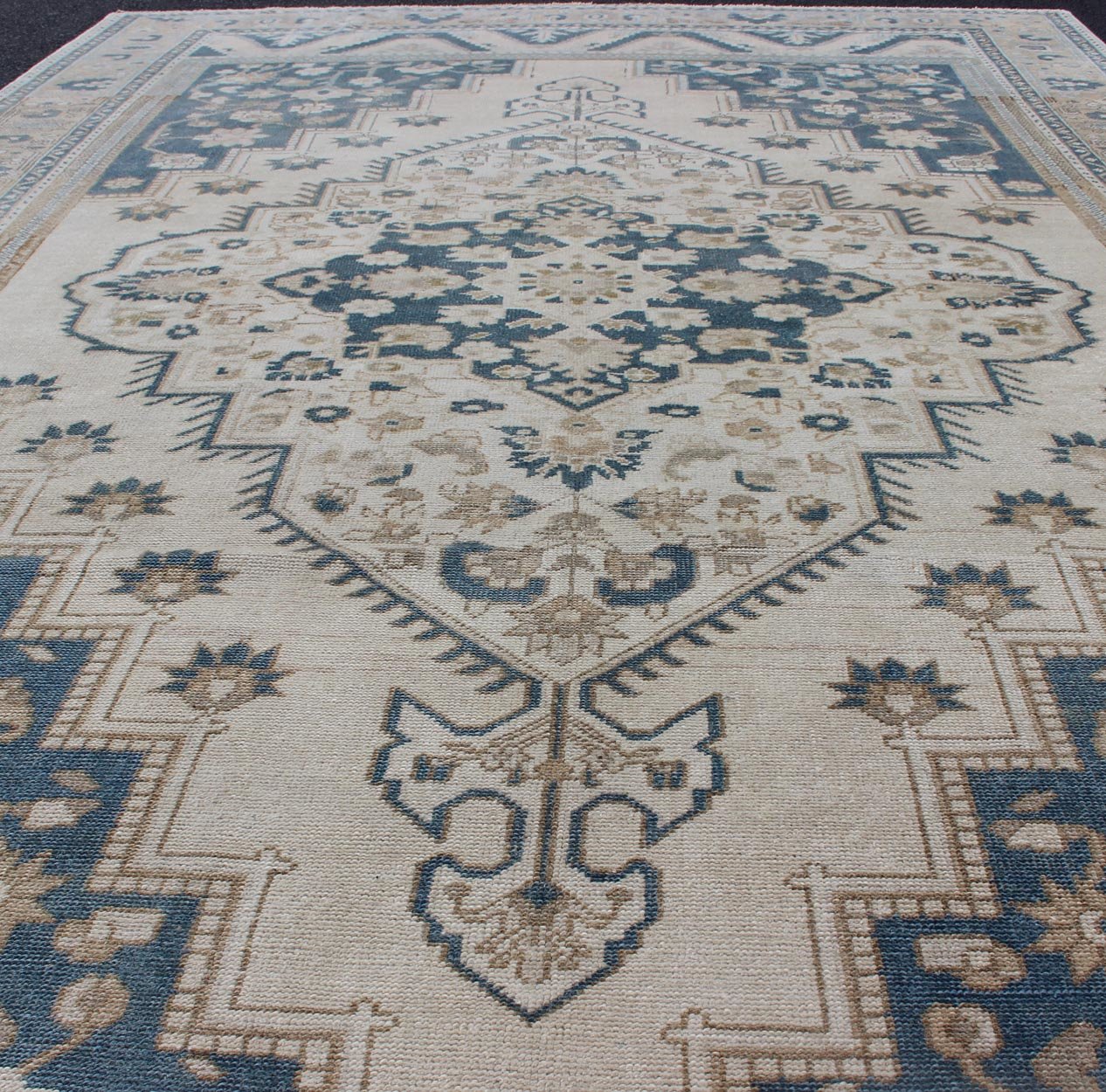 Vintage Turkish Oushak Rug with Geometric Design in Blue, Taupe and Sand Taupe, cream and blue Oushak rug vintage from Turkey with medallion design of etched motifs, Keivan Woven Arts / rug tu - mtu - 4930, country of origin / type: Turkey / Oushak,... - Keivan Woven ArtsTU - MTU - 4930 - 12172Rug