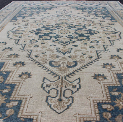 Vintage Turkish Oushak Rug with Geometric Design in Blue, Taupe and Sand Taupe, cream and blue Oushak rug vintage from Turkey with medallion design of etched motifs, Keivan Woven Arts / rug tu - mtu - 4930, country of origin / type: Turkey / Oushak,... - Keivan Woven ArtsTU - MTU - 4930 - 12172Rug