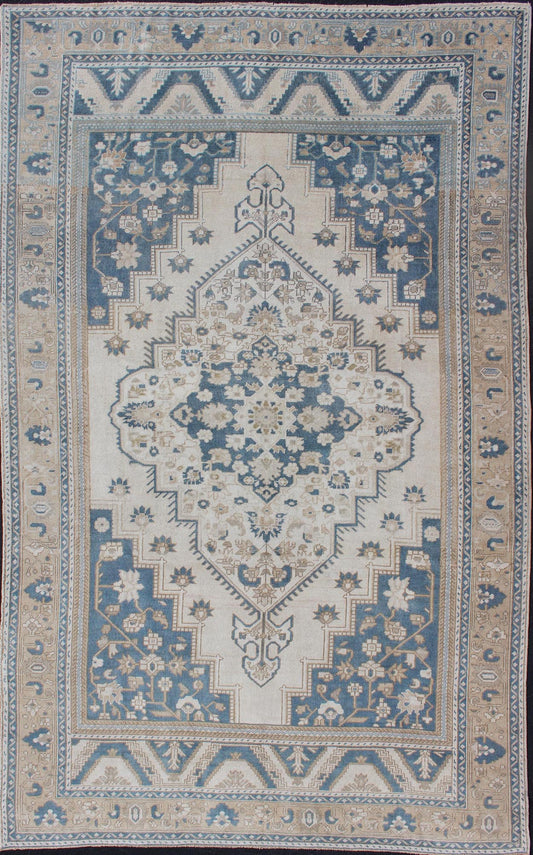 Vintage Turkish Oushak Rug with Geometric Design in Blue, Taupe and Sand Taupe, cream and blue Oushak rug vintage from Turkey with medallion design of etched motifs, Keivan Woven Arts / rug tu - mtu - 4930, country of origin / type: Turkey / Oushak,... - Keivan Woven ArtsTU - MTU - 4930 - 12172Rug