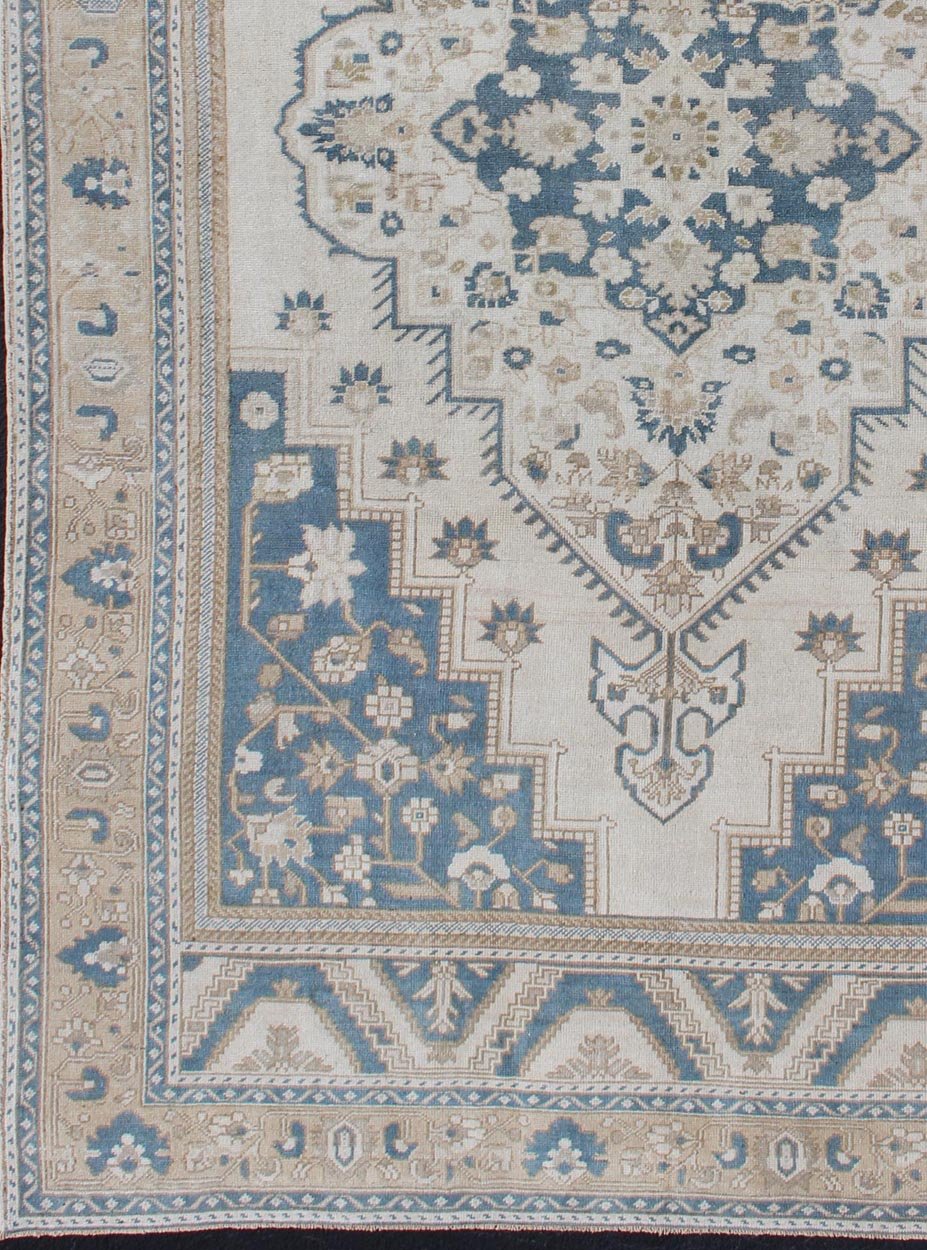 Vintage Turkish Oushak Rug with Geometric Design in Blue, Taupe and Sand Taupe, cream and blue Oushak rug vintage from Turkey with medallion design of etched motifs, Keivan Woven Arts / rug tu - mtu - 4930, country of origin / type: Turkey / Oushak,... - Keivan Woven ArtsTU - MTU - 4930 - 12172Rug