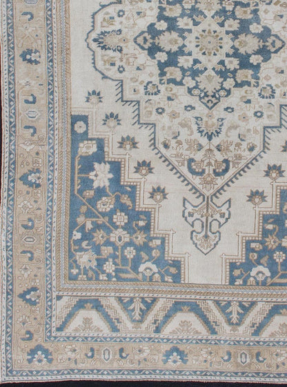 Vintage Turkish Oushak Rug with Geometric Design in Blue, Taupe and Sand Taupe, cream and blue Oushak rug vintage from Turkey with medallion design of etched motifs, Keivan Woven Arts / rug tu - mtu - 4930, country of origin / type: Turkey / Oushak,... - Keivan Woven ArtsTU - MTU - 4930 - 12172Rug