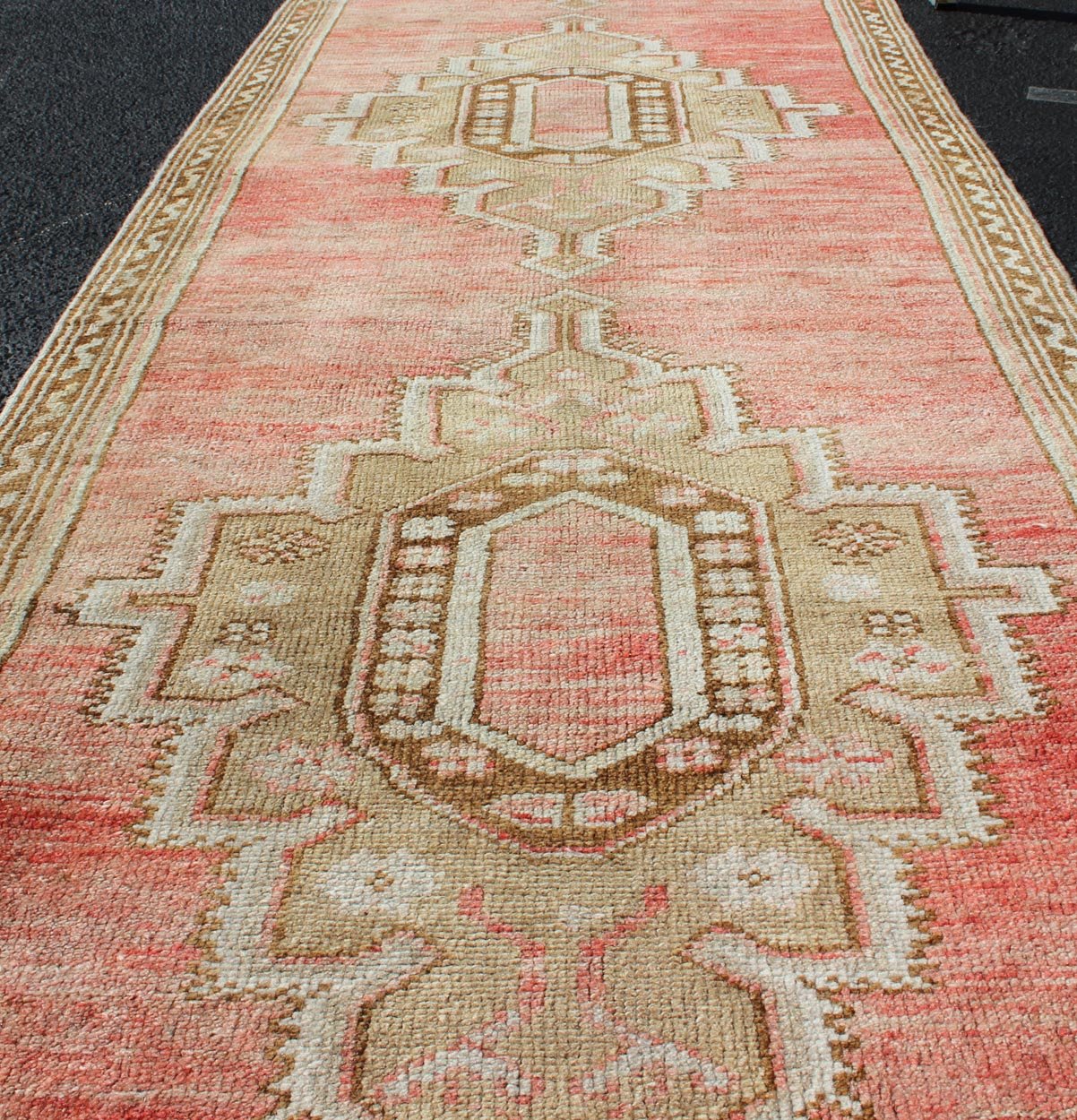 Vintage Turkish Oushak Runner With Medallions in Soft Red, Light Camel, Brown and Light Blue Colorful and Calm medallion vintage Oushak runner from Turkey with Geometric Medallion Design, rug TU - MTU - 4939 , country of origin / type: Turkey / Oushak,... - Keivan Woven ArtsTU - MTU - 4939 - 11773Rug