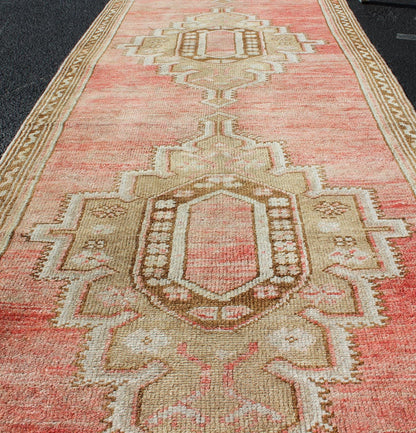 Vintage Turkish Oushak Runner With Medallions in Soft Red, Light Camel, Brown and Light Blue Colorful and Calm medallion vintage Oushak runner from Turkey with Geometric Medallion Design, rug TU - MTU - 4939 , country of origin / type: Turkey / Oushak,... - Keivan Woven ArtsTU - MTU - 4939 - 11773Rug