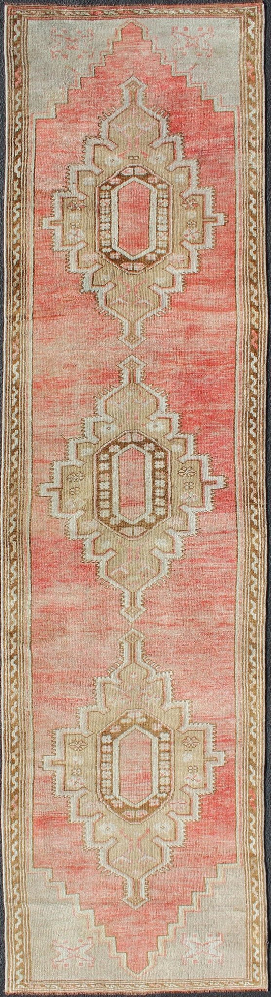 Vintage Turkish Oushak Runner With Medallions in Soft Red, Light Camel, Brown and Light Blue Colorful and Calm medallion vintage Oushak runner from Turkey with Geometric Medallion Design, rug TU - MTU - 4939 , country of origin / type: Turkey / Oushak,... - Keivan Woven ArtsTU - MTU - 4939 - 11773Rug