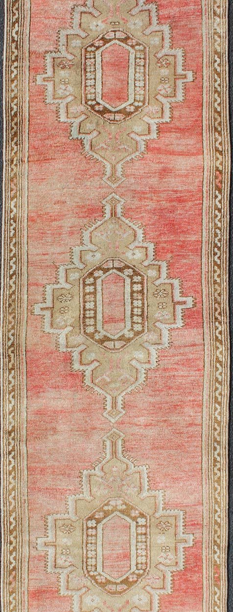 Vintage Turkish Oushak Runner With Medallions in Soft Red, Light Camel, Brown and Light Blue Colorful and Calm medallion vintage Oushak runner from Turkey with Geometric Medallion Design, rug TU - MTU - 4939 , country of origin / type: Turkey / Oushak,... - Keivan Woven ArtsTU - MTU - 4939 - 11773Rug