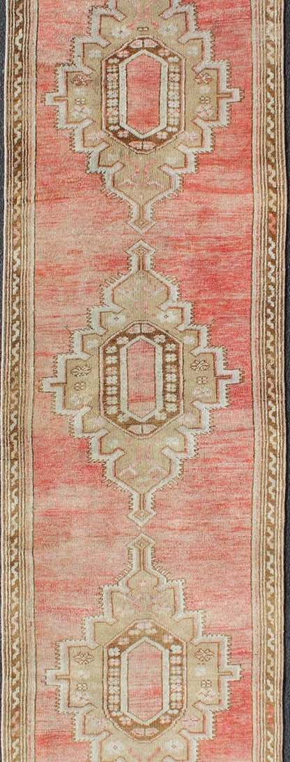 Vintage Turkish Oushak Runner With Medallions in Soft Red, Light Camel, Brown and Light Blue Colorful and Calm medallion vintage Oushak runner from Turkey with Geometric Medallion Design, rug TU - MTU - 4939 , country of origin / type: Turkey / Oushak,... - Keivan Woven ArtsTU - MTU - 4939 - 11773Rug