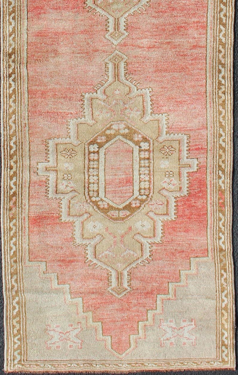 Vintage Turkish Oushak Runner With Medallions in Soft Red, Light Camel, Brown and Light Blue Colorful and Calm medallion vintage Oushak runner from Turkey with Geometric Medallion Design, rug TU - MTU - 4939 , country of origin / type: Turkey / Oushak,... - Keivan Woven ArtsTU - MTU - 4939 - 11773Rug