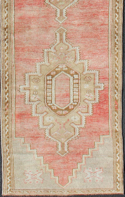 Vintage Turkish Oushak Runner With Medallions in Soft Red, Light Camel, Brown and Light Blue Colorful and Calm medallion vintage Oushak runner from Turkey with Geometric Medallion Design, rug TU - MTU - 4939 , country of origin / type: Turkey / Oushak,... - Keivan Woven ArtsTU - MTU - 4939 - 11773Rug