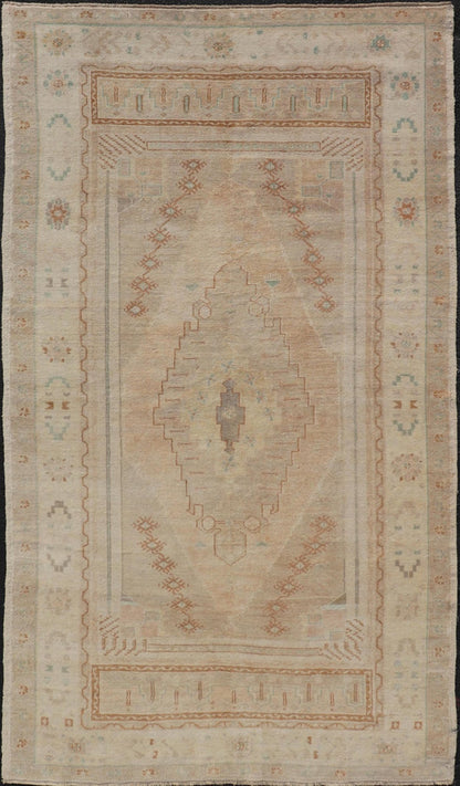 Vintage Oushak Rug from Turkey with Muted Colors and Tribal Medallion. Vintage Oushak Turkish Rug from Anatolian region of Turkey displays Muted colors and delicate tones with Florals and geometric medallion. Keivan Woven Arts rug/ TU - MTU - 4948 ... - Keivan Woven ArtsTU - MTU - 4948 - 18980Rug