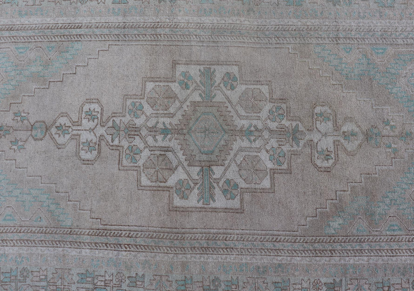 Vintage Turkish Medallion Oushak Area Rug in Tan, Taupe, Pink, and Green Measures: 4'7 x 8'4 This vintage beauty was hand - knotted in Turkey during the 1950's. Vintage Oushak rugs are incredibly popular for their durability, as well as t... - Keivan Woven ArtsTU - MTU - 4949 - 19208Rug