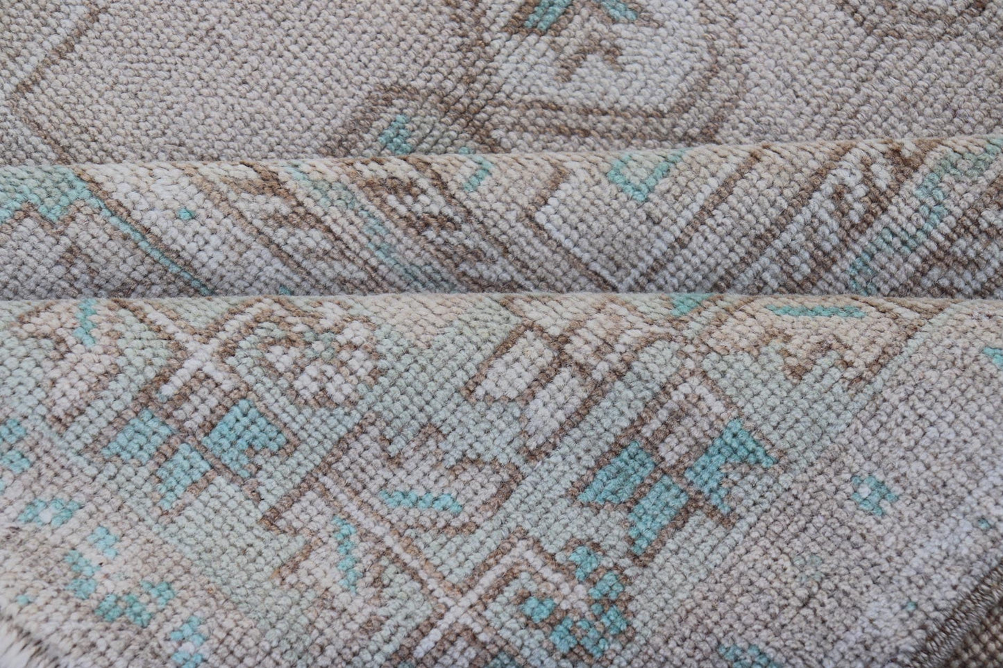Vintage Turkish Medallion Oushak Area Rug in Tan, Taupe, Pink, and Green Measures: 4'7 x 8'4 This vintage beauty was hand - knotted in Turkey during the 1950's. Vintage Oushak rugs are incredibly popular for their durability, as well as t... - Keivan Woven ArtsTU - MTU - 4949 - 19208Rug