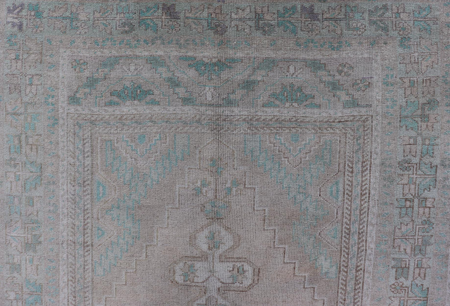 Vintage Turkish Medallion Oushak Area Rug in Tan, Taupe, Pink, and Green Measures: 4'7 x 8'4 This vintage beauty was hand - knotted in Turkey during the 1950's. Vintage Oushak rugs are incredibly popular for their durability, as well as t... - Keivan Woven ArtsTU - MTU - 4949 - 19208Rug