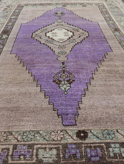 Medallion Design Vintage Oushak Rug in Brown, Mint Green, and Purple Vintage Turkish Medallion Oushak rug in in purple. Keivan Woven Arts / rug TU - MTU - 4950, country of origin / type: Turkey / Oushak, circa 1940 Measures: 4'10 x 9'10 - Keivan Woven ArtsTU - MTU - 4950 - 18986Rug