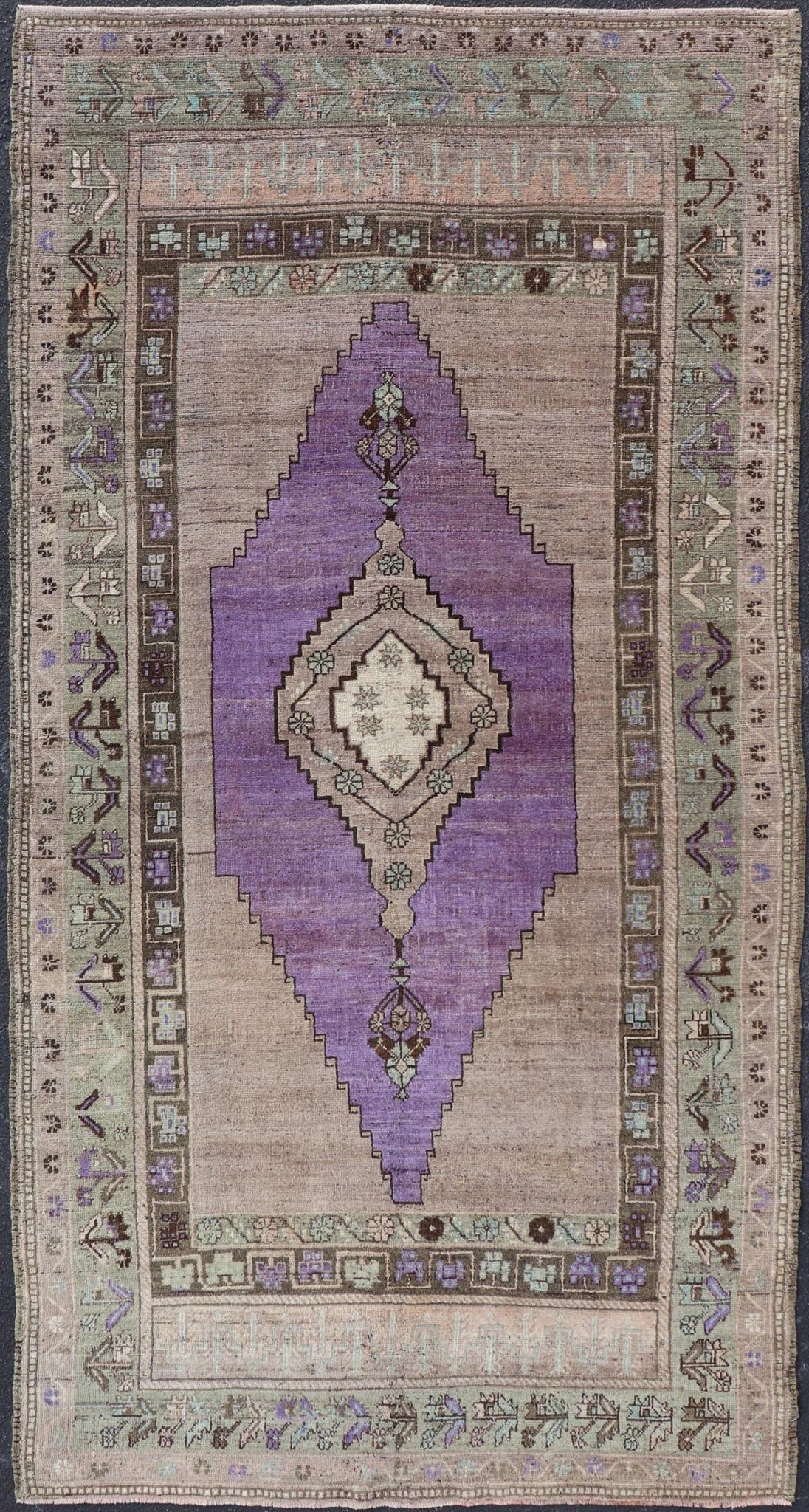 Medallion Design Vintage Oushak Rug in Brown, Mint Green, and Purple Vintage Turkish Medallion Oushak rug in in purple. Keivan Woven Arts / rug TU - MTU - 4950, country of origin / type: Turkey / Oushak, circa 1940 Measures: 4'10 x 9'10 - Keivan Woven ArtsTU - MTU - 4950 - 18986Rug