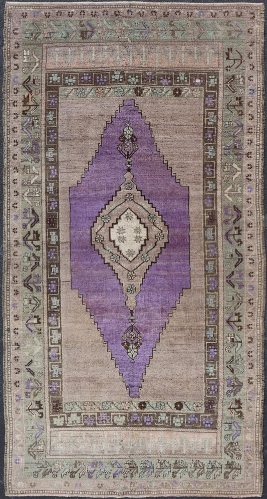 Medallion Design Vintage Oushak Rug in Brown, Mint Green, and Purple Vintage Turkish Medallion Oushak rug in in purple. Keivan Woven Arts / rug TU - MTU - 4950, country of origin / type: Turkey / Oushak, circa 1940 Measures: 4'10 x 9'10 - Keivan Woven ArtsTU - MTU - 4950 - 18986Rug