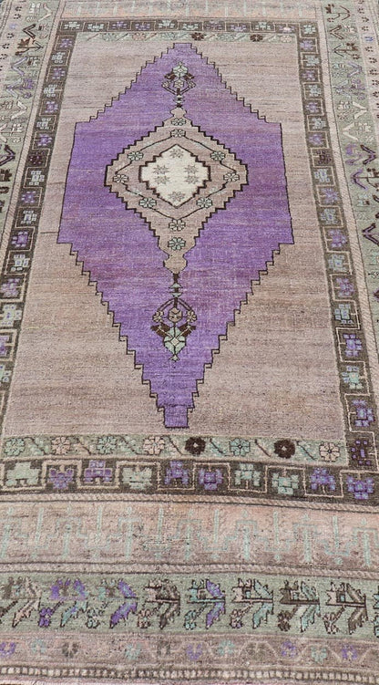 Medallion Design Vintage Oushak Rug in Brown, Mint Green, and Purple Vintage Turkish Medallion Oushak rug in in purple. Keivan Woven Arts / rug TU - MTU - 4950, country of origin / type: Turkey / Oushak, circa 1940 Measures: 4'10 x 9'10 - Keivan Woven ArtsTU - MTU - 4950 - 18986Rug
