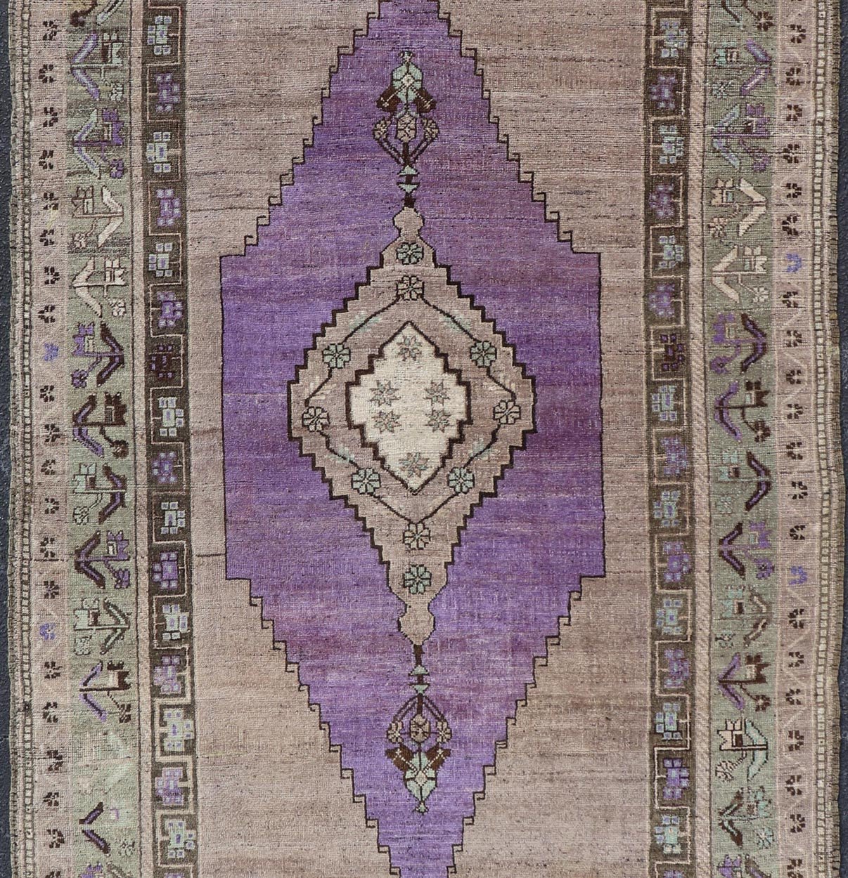 Medallion Design Vintage Oushak Rug in Brown, Mint Green, and Purple Vintage Turkish Medallion Oushak rug in in purple. Keivan Woven Arts / rug TU - MTU - 4950, country of origin / type: Turkey / Oushak, circa 1940 Measures: 4'10 x 9'10 - Keivan Woven ArtsTU - MTU - 4950 - 18986Rug