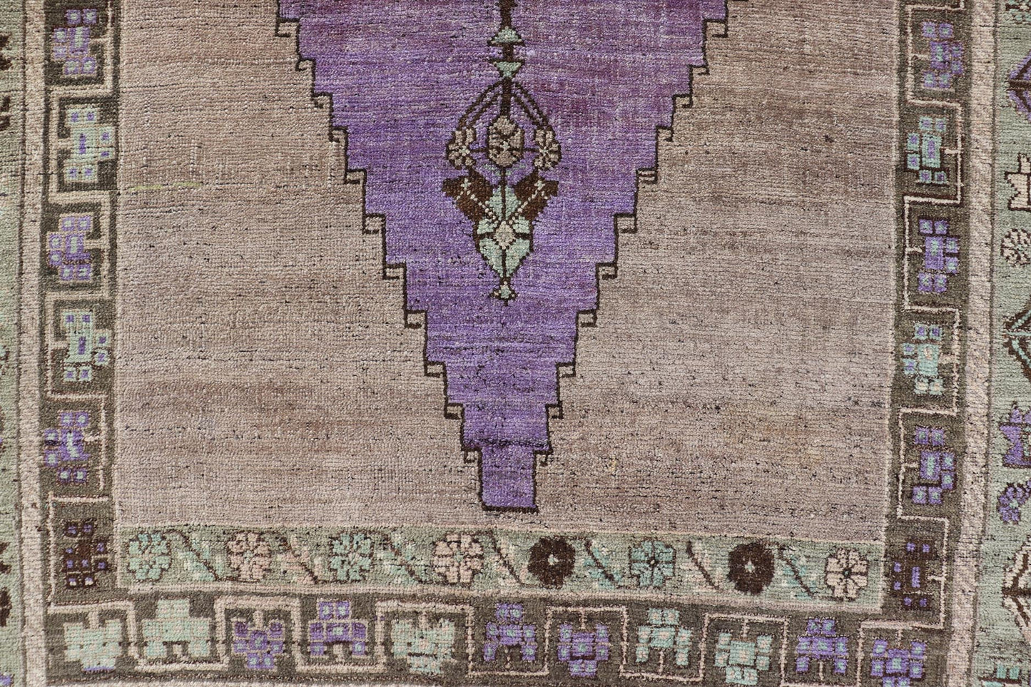 Medallion Design Vintage Oushak Rug in Brown, Mint Green, and Purple Vintage Turkish Medallion Oushak rug in in purple. Keivan Woven Arts / rug TU - MTU - 4950, country of origin / type: Turkey / Oushak, circa 1940 Measures: 4'10 x 9'10 - Keivan Woven ArtsTU - MTU - 4950 - 18986Rug