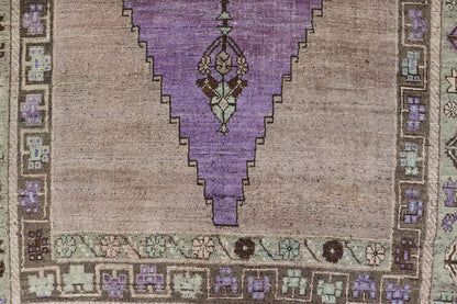 Medallion Design Vintage Oushak Rug in Brown, Mint Green, and Purple Vintage Turkish Medallion Oushak rug in in purple. Keivan Woven Arts / rug TU - MTU - 4950, country of origin / type: Turkey / Oushak, circa 1940 Measures: 4'10 x 9'10 - Keivan Woven ArtsTU - MTU - 4950 - 18986Rug