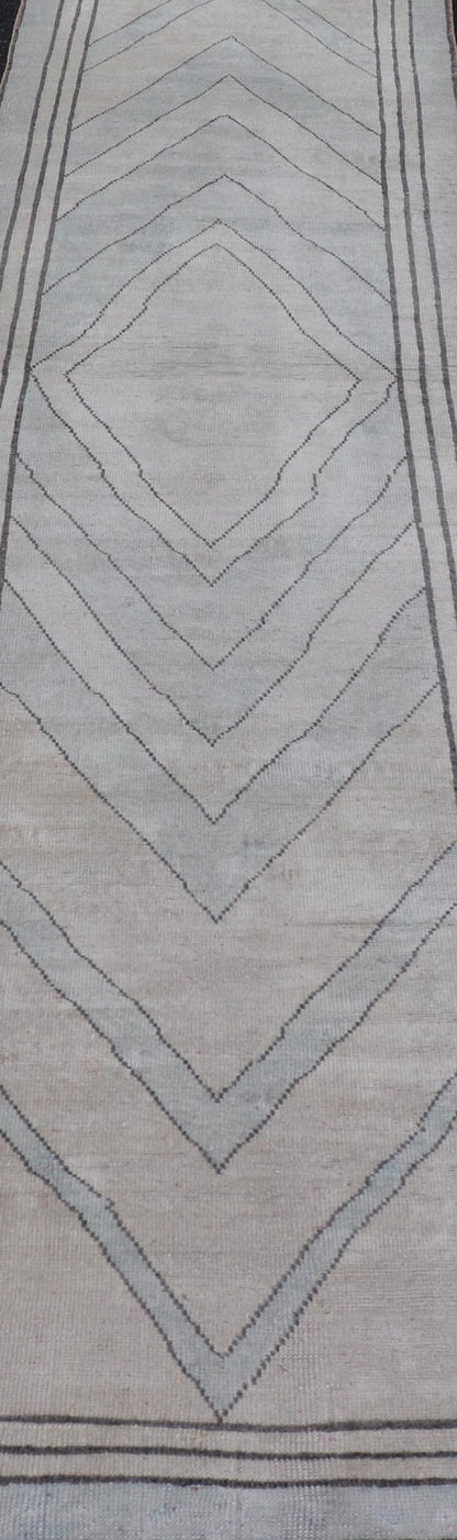 Vintage Turkish Unique Runner with Modern Design in Lt. Blue, Taupe and Brown Vintage Oushak runner with modern design with light blue, taupe, brown and cream in a neutral color palette and medallion design, Keivan Woven Arts rug TU - MTU - 4952, ... - Keivan Woven ArtsTU - MTU - 4952 - 18631Rug